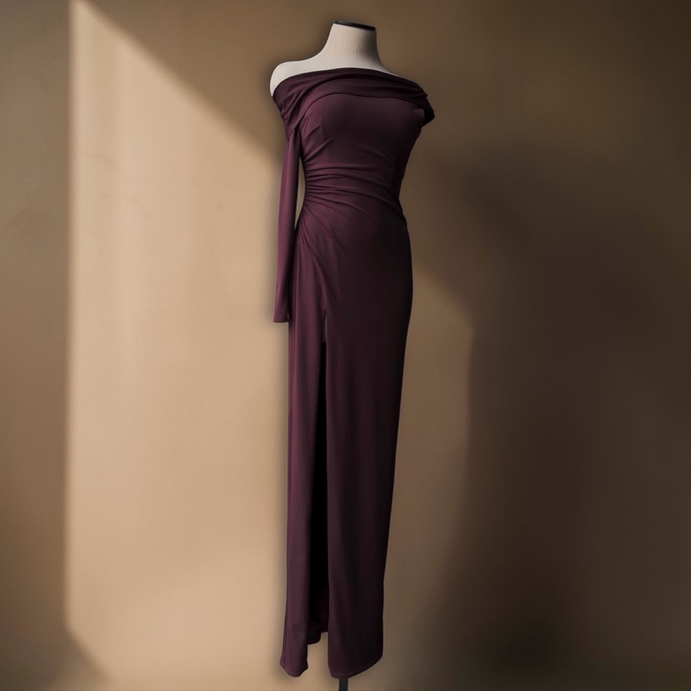 🌟SALE Katie May Mojave One Shoulder Leg Split Gown Sangria Red Burgundy Dress